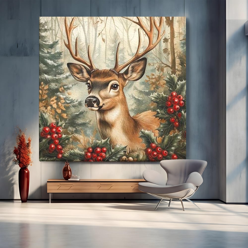 Tablou canvas cu ilustratie digitala cu cerb si crengi de brad, fara rama, pe sasiu de lemn